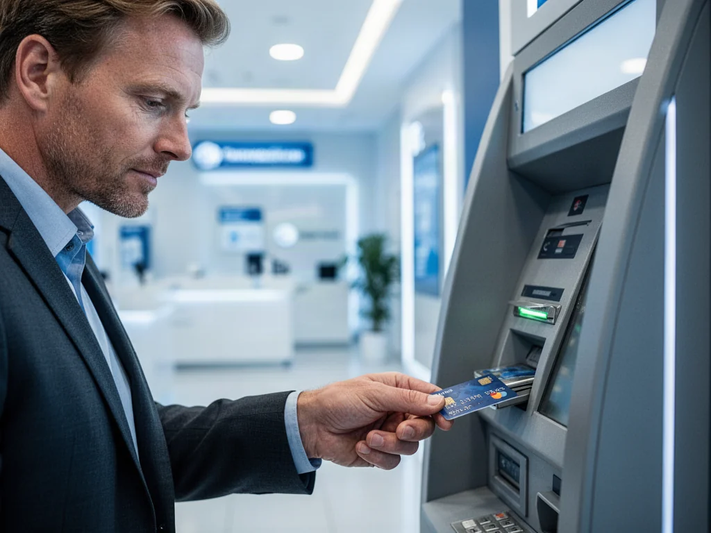 Mężczyzna wkłada kartę płatniczą do nowoczesnego bankomatu Euronet w jasnym, profesjonalnym wnętrzu.