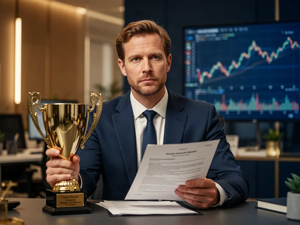 Mężczyzna z trofeum i dokumentem w nowoczesnym biurze, symbolizujący sukces finansowy i kwestie rozliczeń podatkowych.