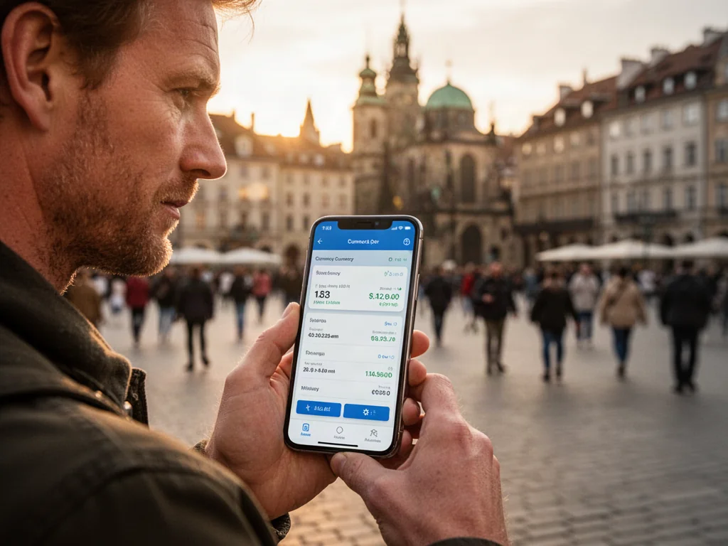 Mężczyzna trzymający smartfon z aplikacją do przeliczania walut na tle europejskiego rynku w świetle zachodzącego słońca.