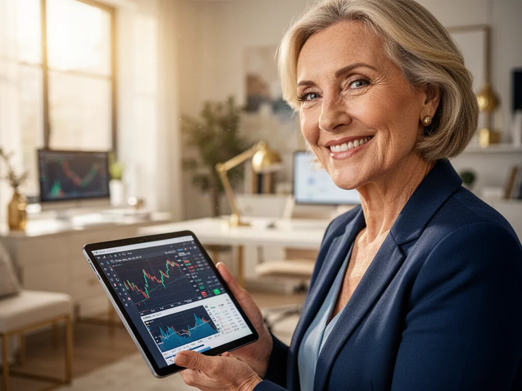 Uśmiechnięta seniorka analizująca wykresy finansowe na tablecie w nowoczesnym domowym biurze.